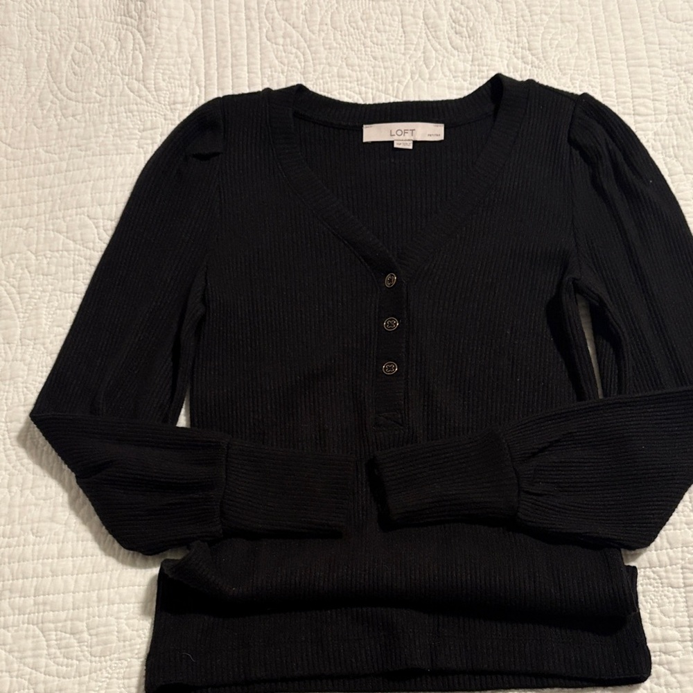 LOFT Black 3 Button-Down V-Neck Top